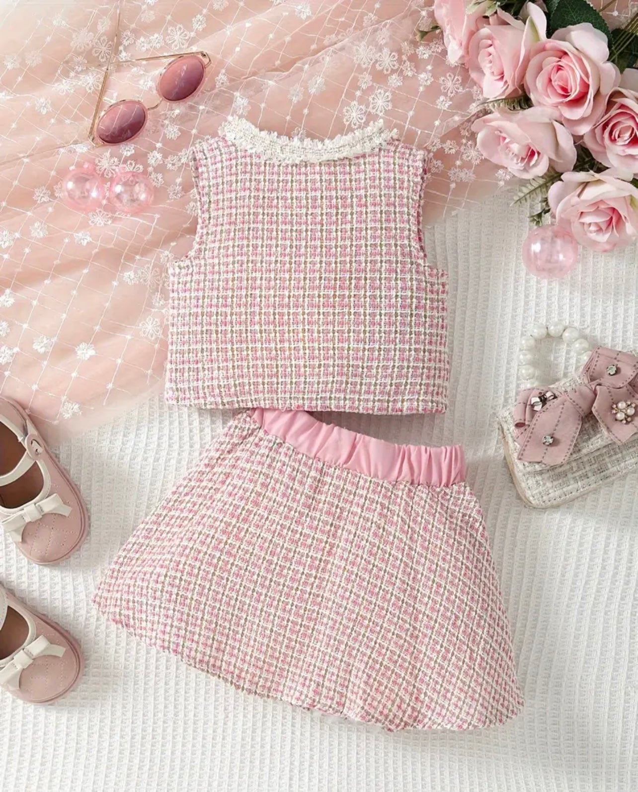 2 pcs Toddler Kid's Elegant Tweed Outfit, Double-breasted Vest & Bowknot Decor Pleated Skirt