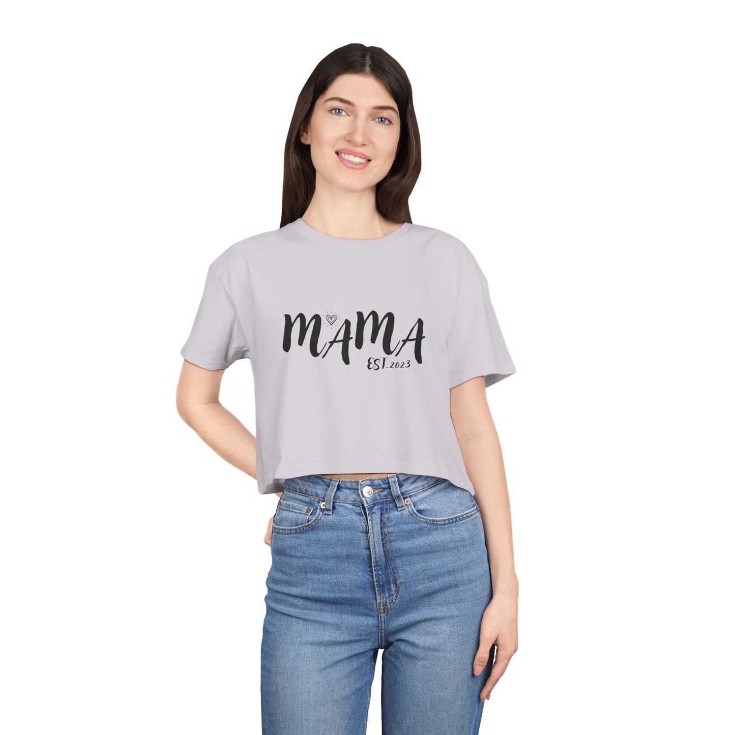 Mama's EST.2023 Women's Crop Tee, Gift for New Moms, Casual Outfit, Mother's Day Gift, Family Reunion Attire, Everyday Wear