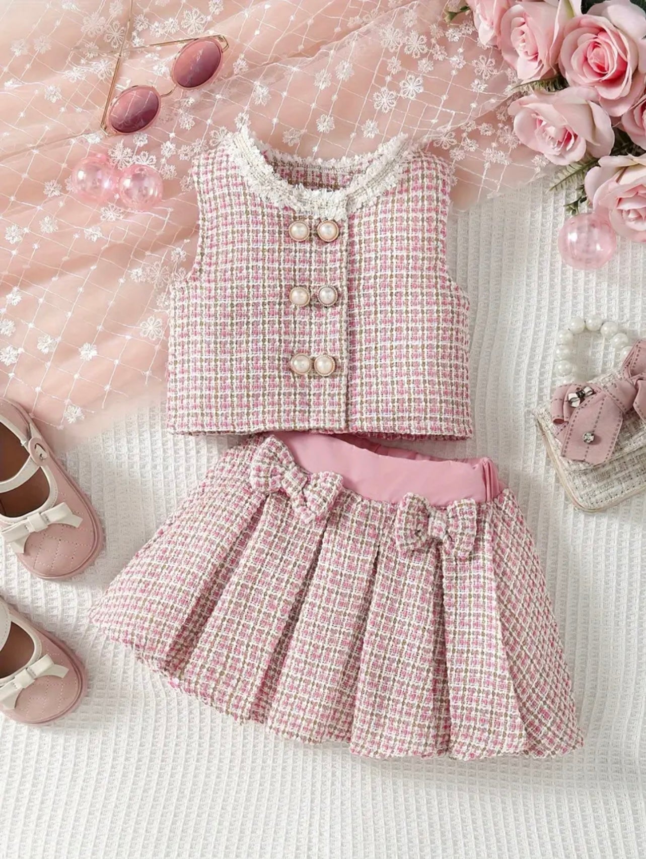 2 pcs Toddler Kid's Elegant Tweed Outfit, Double-breasted Vest & Bowknot Decor Pleated Skirt