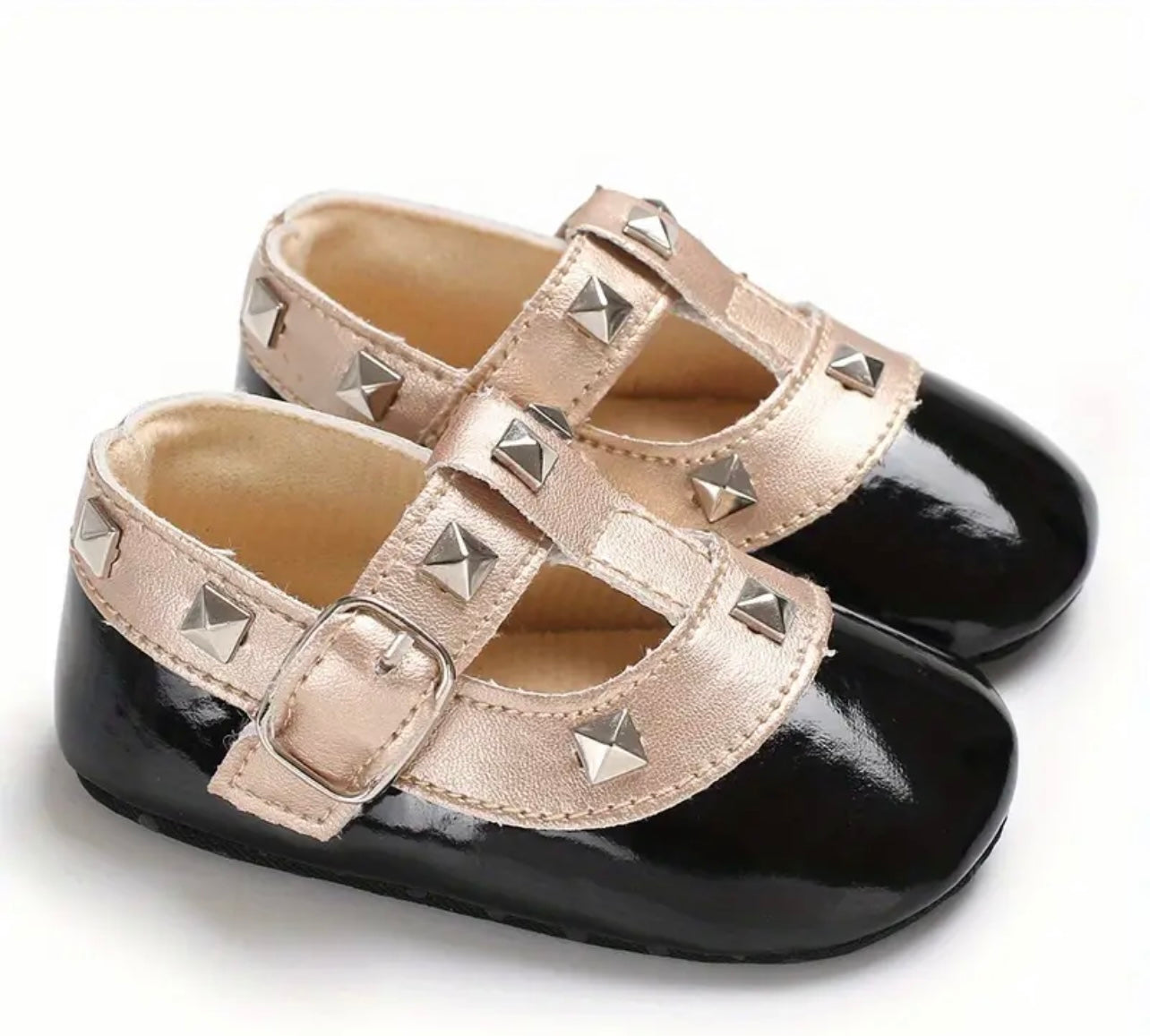 Trendy Elegant Rockstud Mary Jane Shoes For Baby Girls, Comfortable Non Slip Soft Flat Sole Shoes