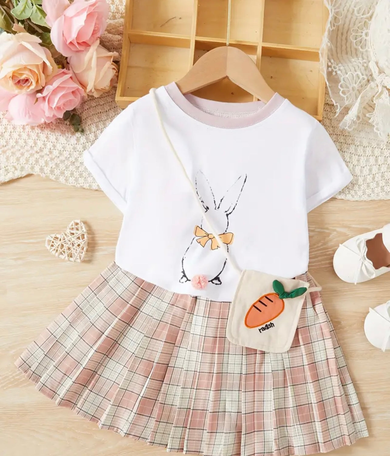 Girls Sweet Bunny Graphic 2pcs Set Short Sleeve T-shirt + Plaid Skirt With Bag Set