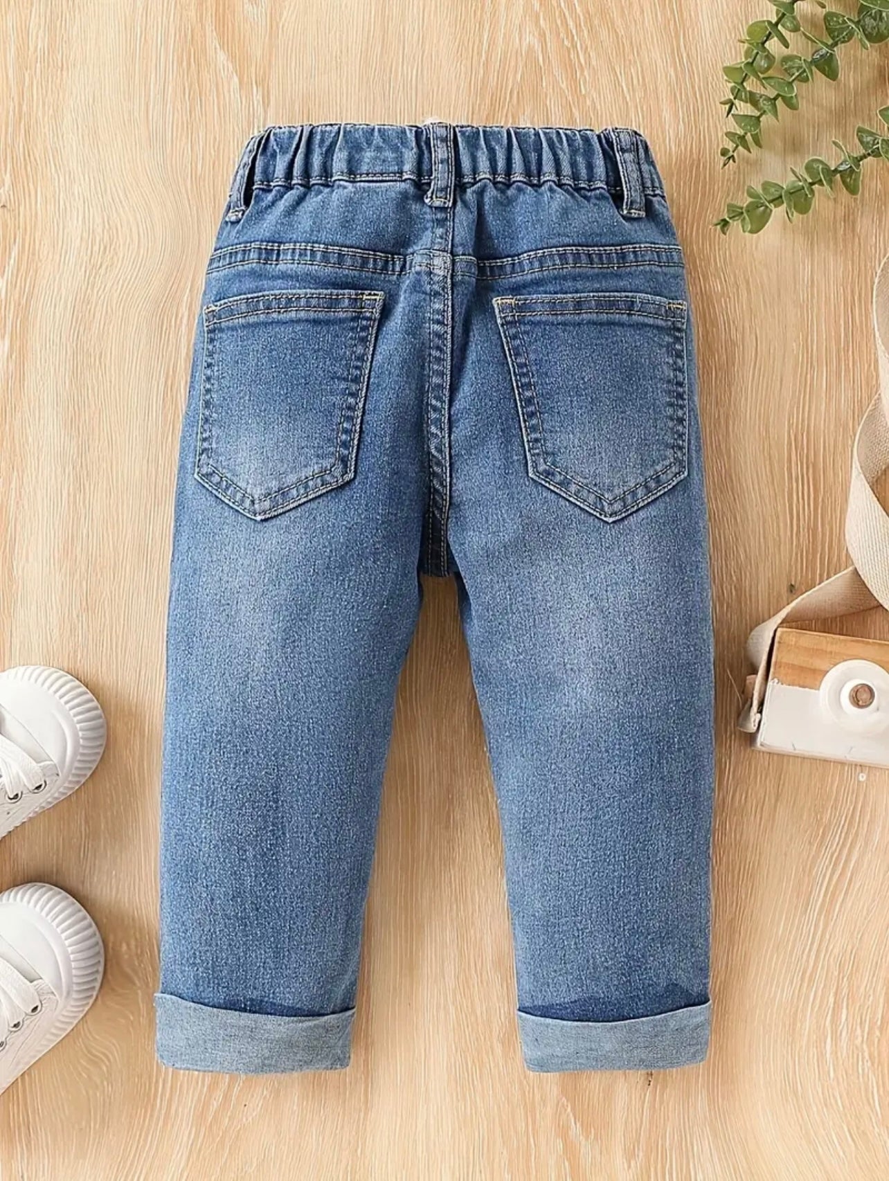 Boys' Light Blue Distressed Denim Jeans - Elastic Waist & Roll-Up Hem