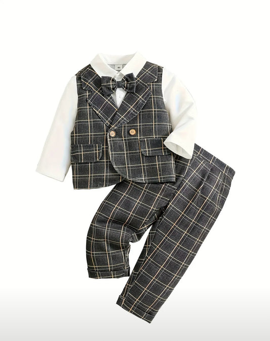 Baby Boy's Gentleman Suit Set - Plaid Bowtie Shirt & Pants