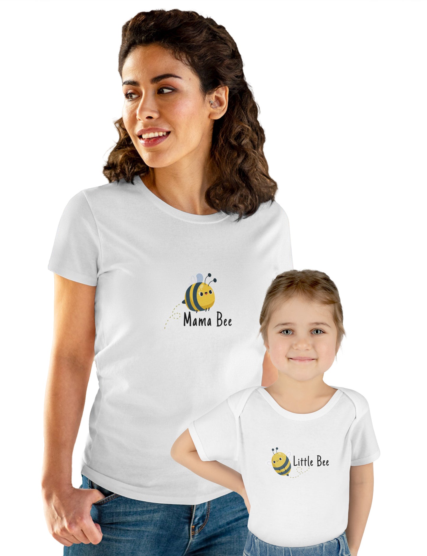 Mommy And Me - Little Bee -Infant Baby Bodysuit And Mama Bee - Women's Cotton Tee