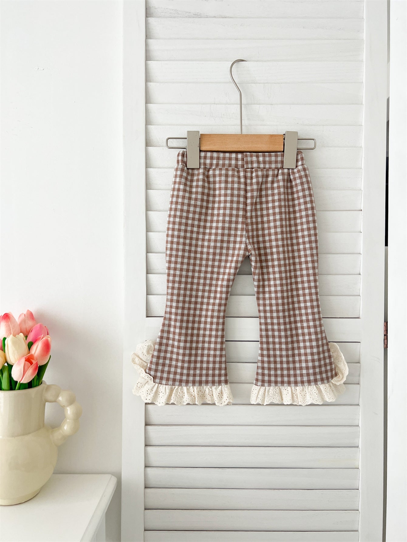 Baby Kids Girls Plaid Trousers Pants with Lace Trim