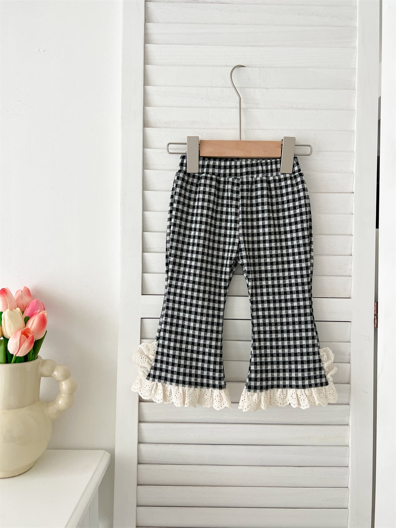 Baby Kids Girls Plaid Trousers Pants with Lace Trim