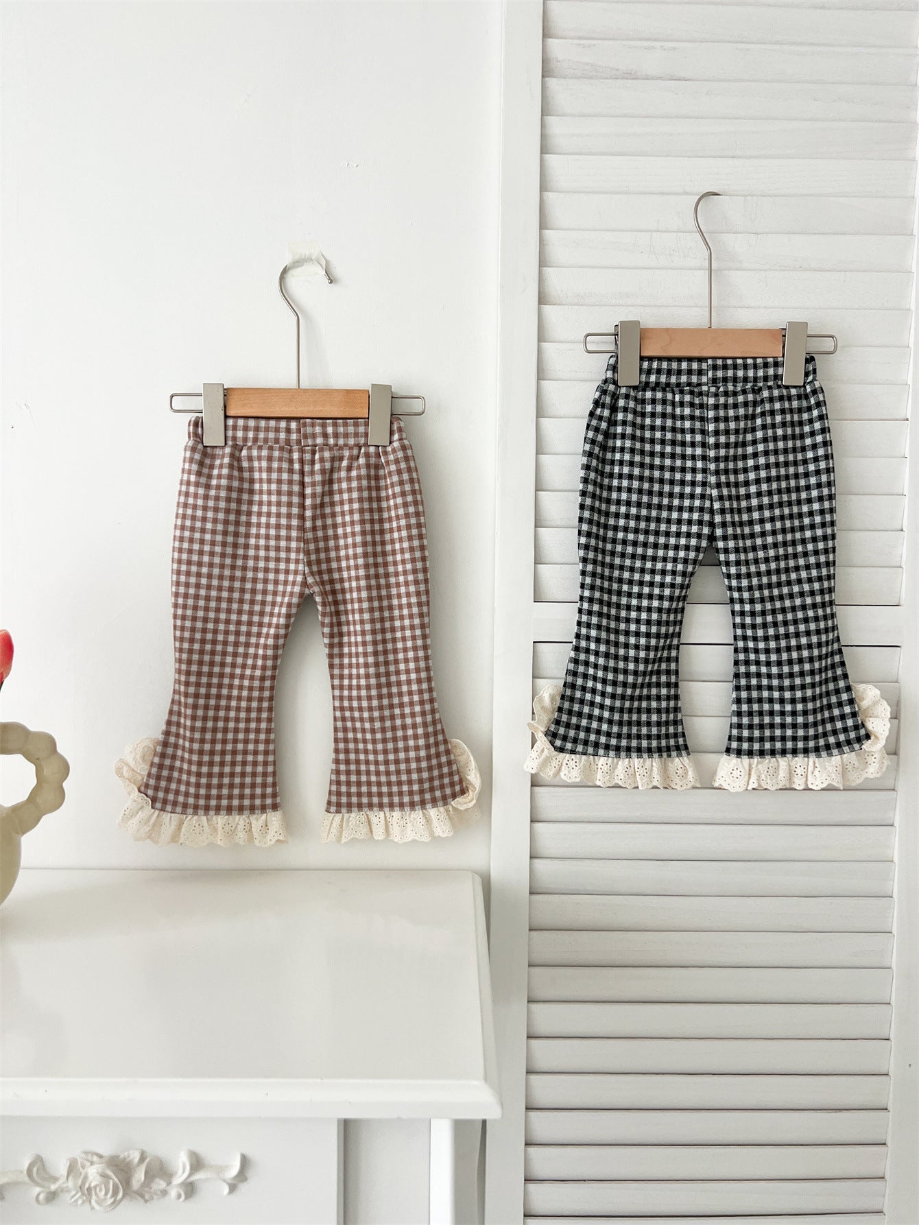 Baby Kids Girls Plaid Trousers Pants with Lace Trim